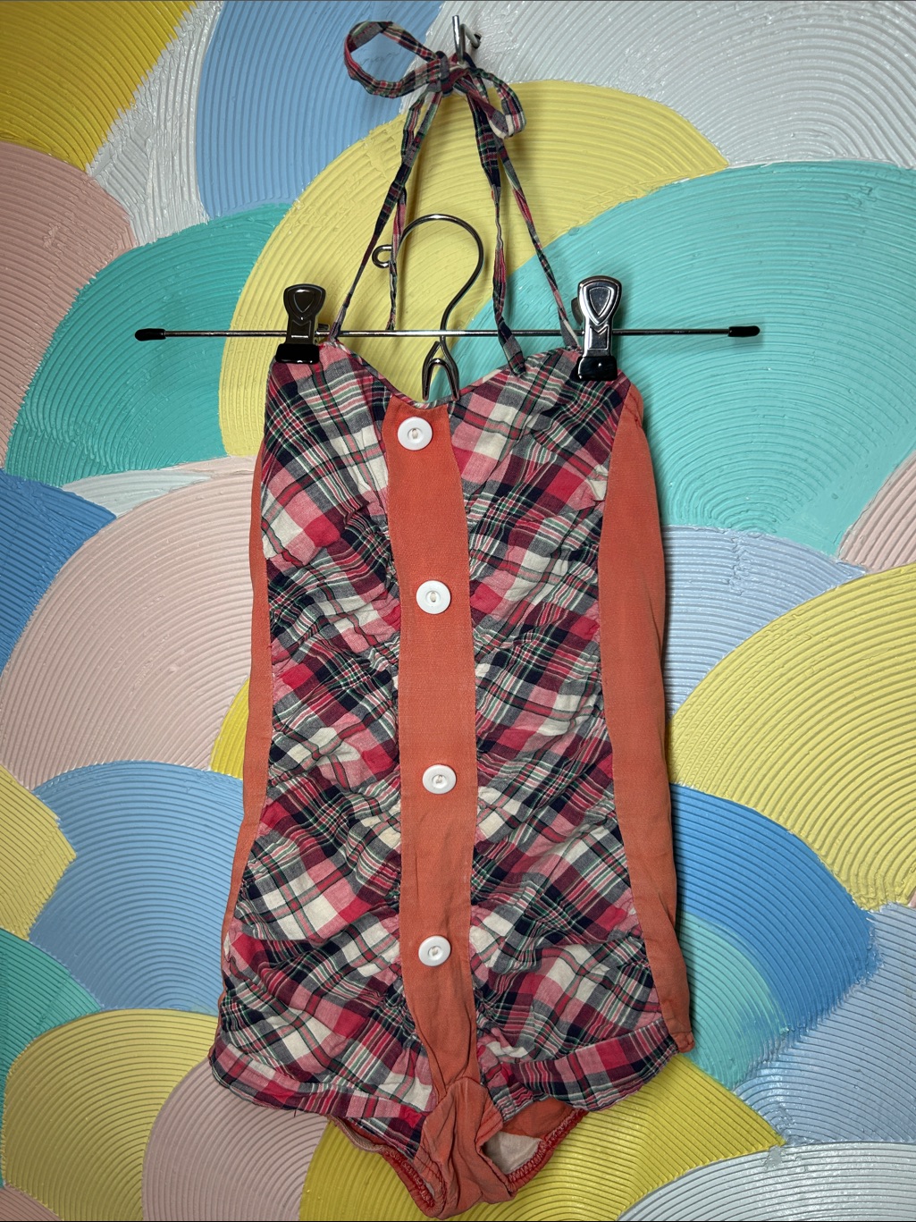 50s Plaid Button-Front Bodysuit In Red And Cream